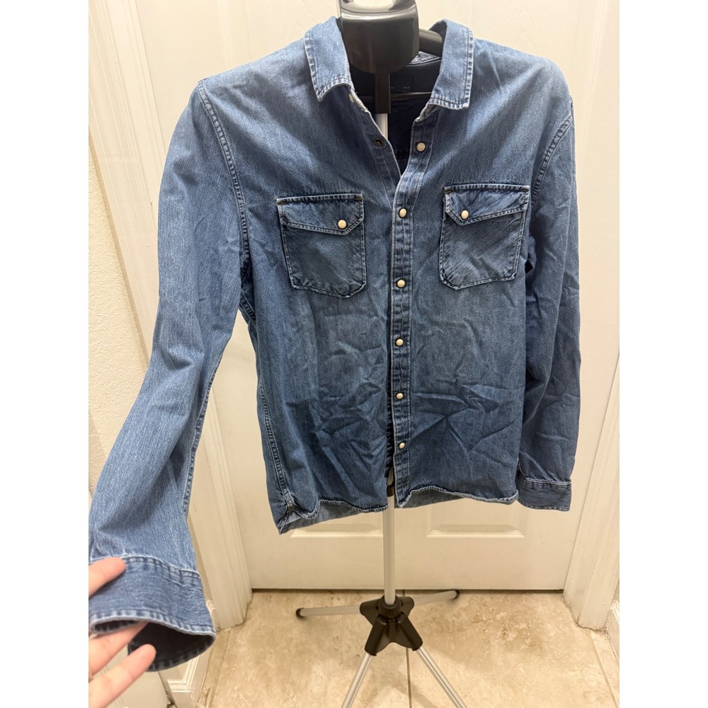 Zara Man Denim Western Shirt Medium Wash Blue Pearl Snap Button Down Large